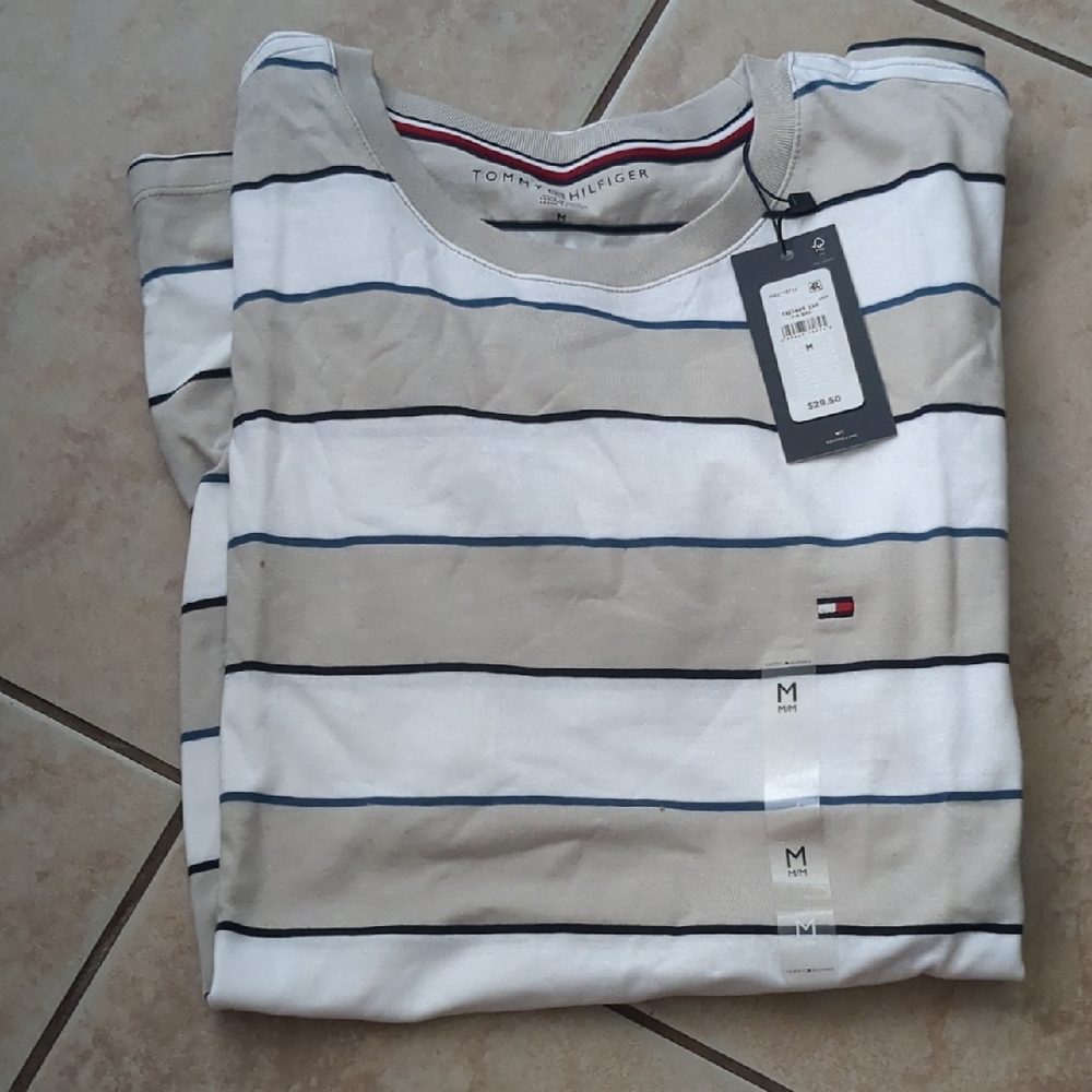 Tommy Hilfiger Men's Beige and White Striped Tee